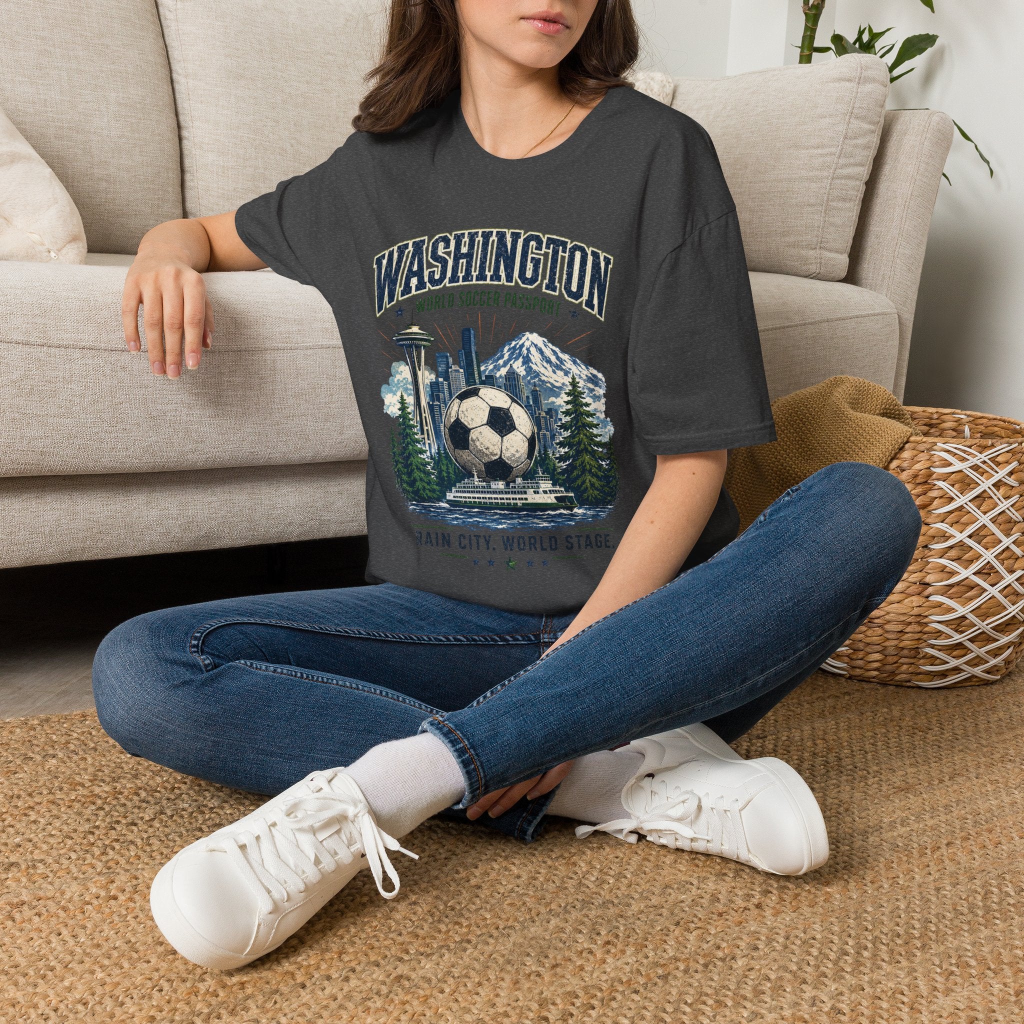 Washington Soccer Passport T-Shirt — Seattle Skyline & Mount Rainier Football Tee