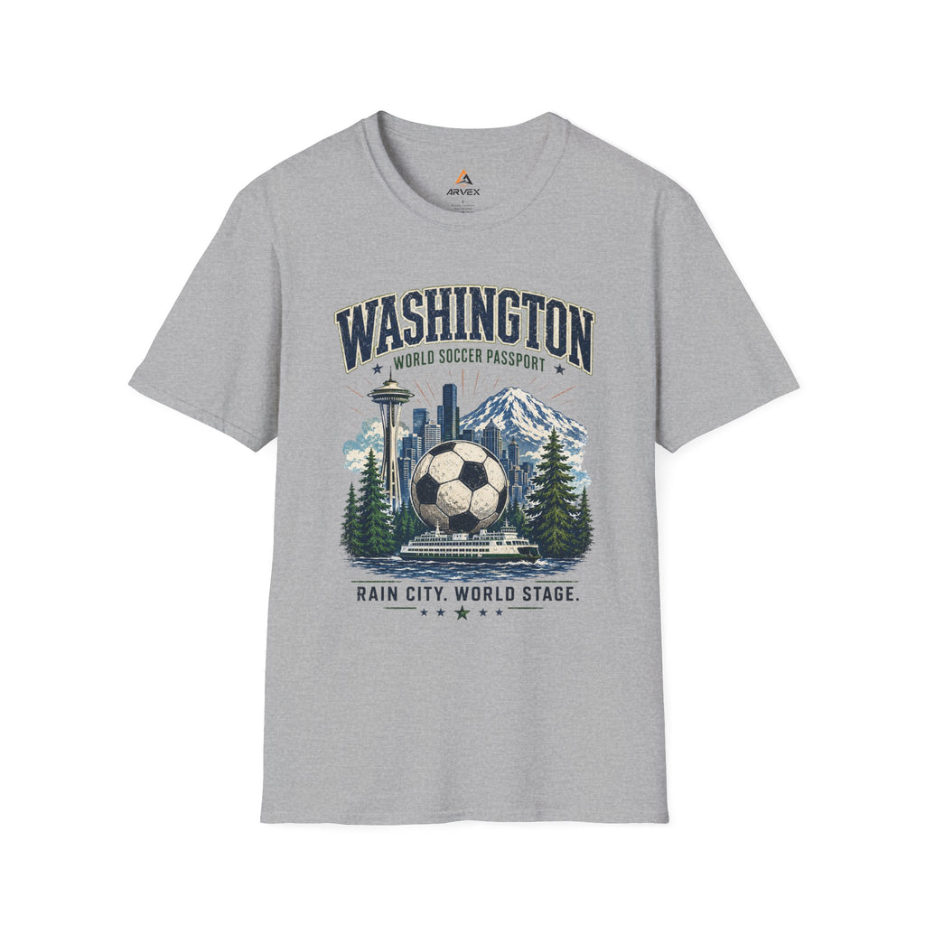 Washington Soccer Passport T-Shirt — Seattle Skyline & Mount Rainier Football Tee