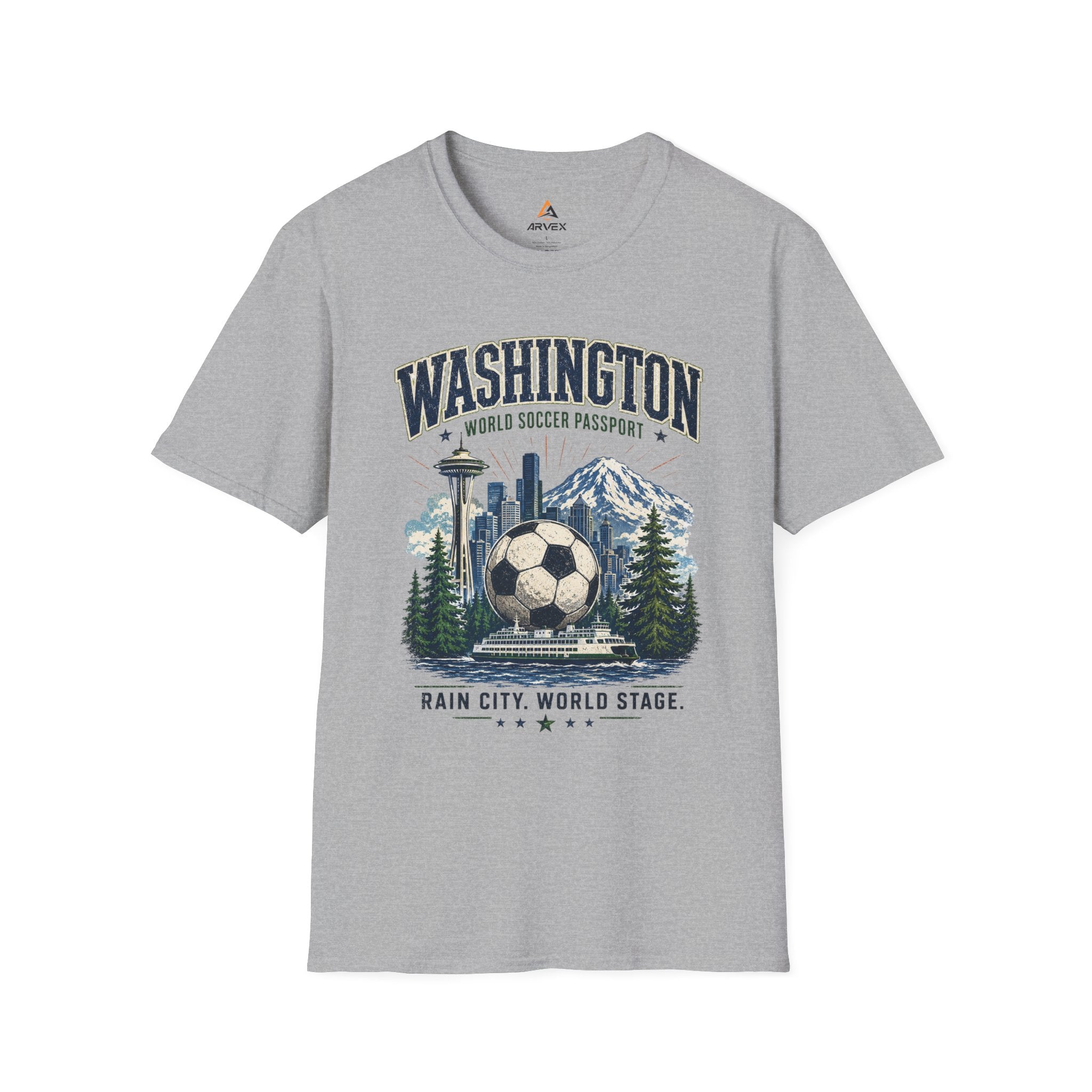 Washington Soccer Passport T-Shirt — Seattle Skyline & Mount Rainier Football Tee