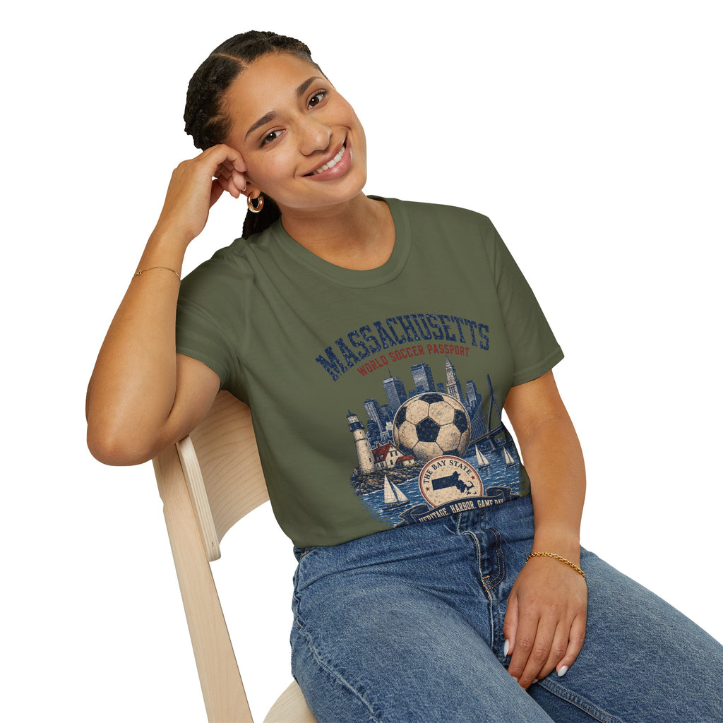 Massachusetts Soccer T-Shirt — State Skyline & Vintage Soccer Graphic
