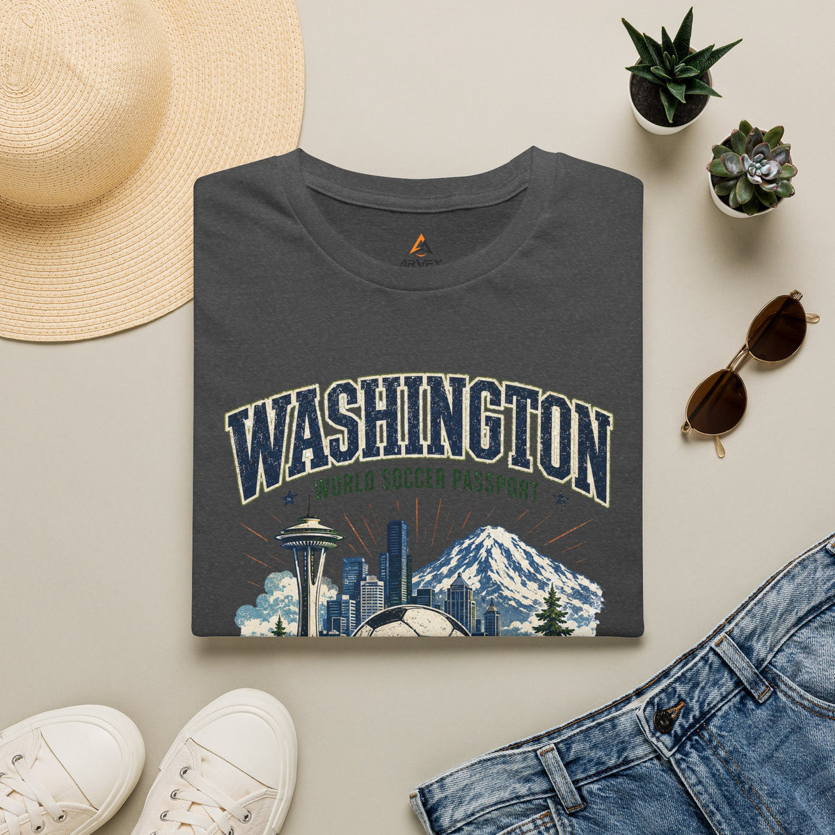 Washington Soccer Passport T-Shirt — Seattle Skyline & Mount Rainier Football Tee