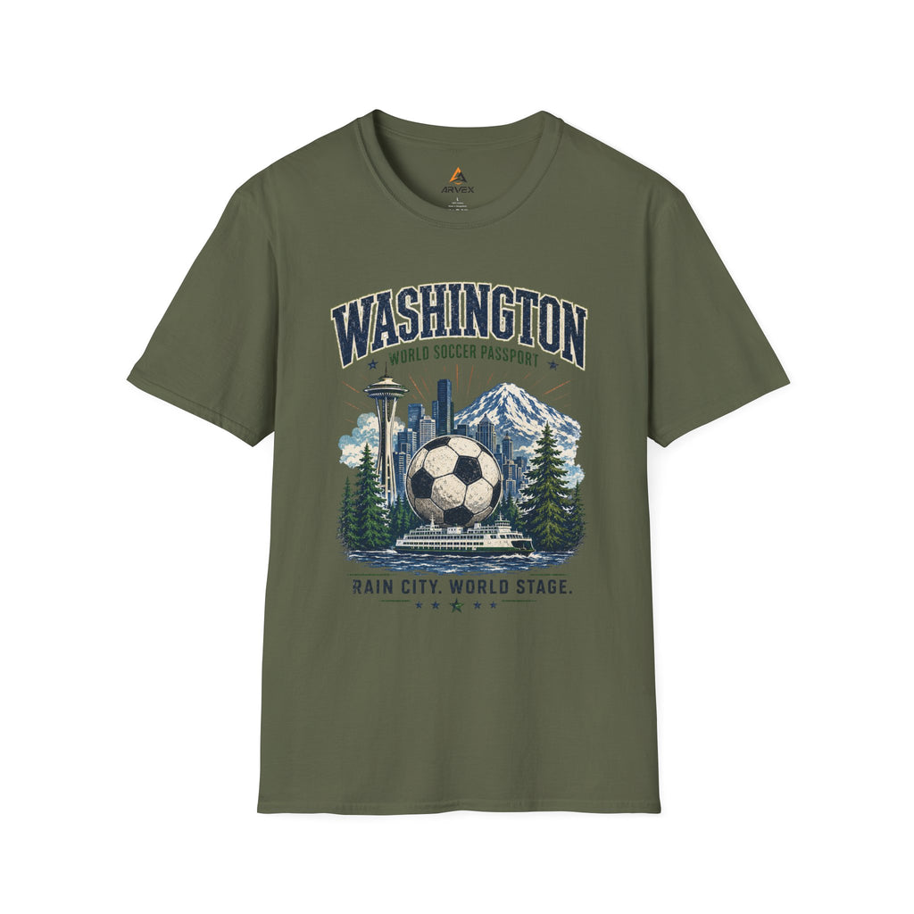 Washington Soccer Passport T-Shirt — Seattle Skyline & Mount Rainier Football Tee