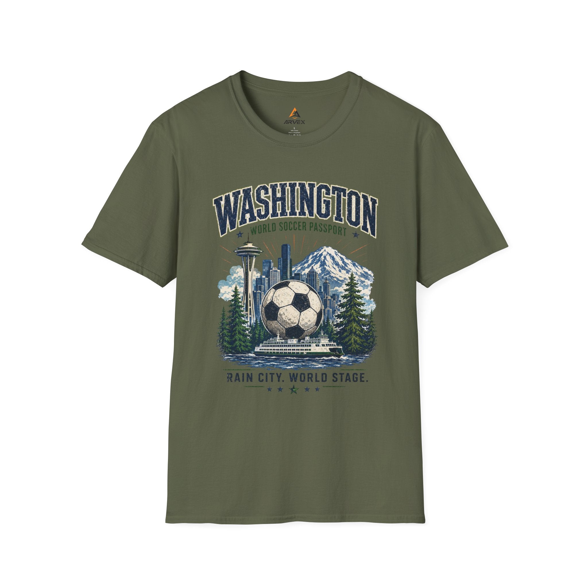 Washington Soccer Passport T-Shirt — Seattle Skyline & Mount Rainier Football Tee