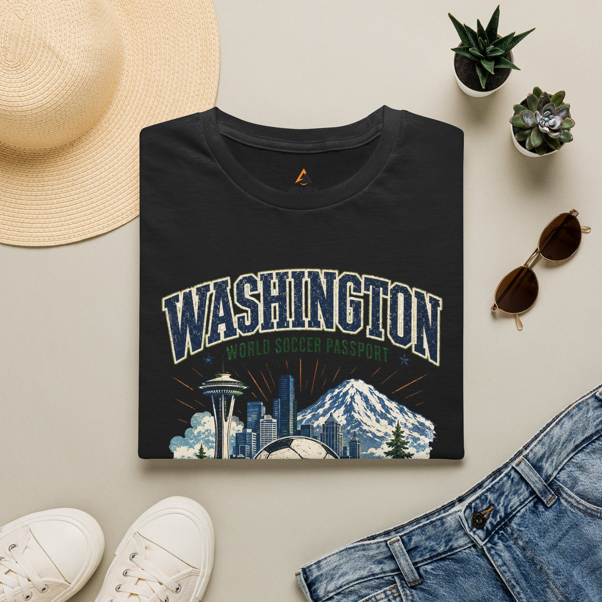 Washington Soccer Passport T-Shirt — Seattle Skyline & Mount Rainier Football Tee