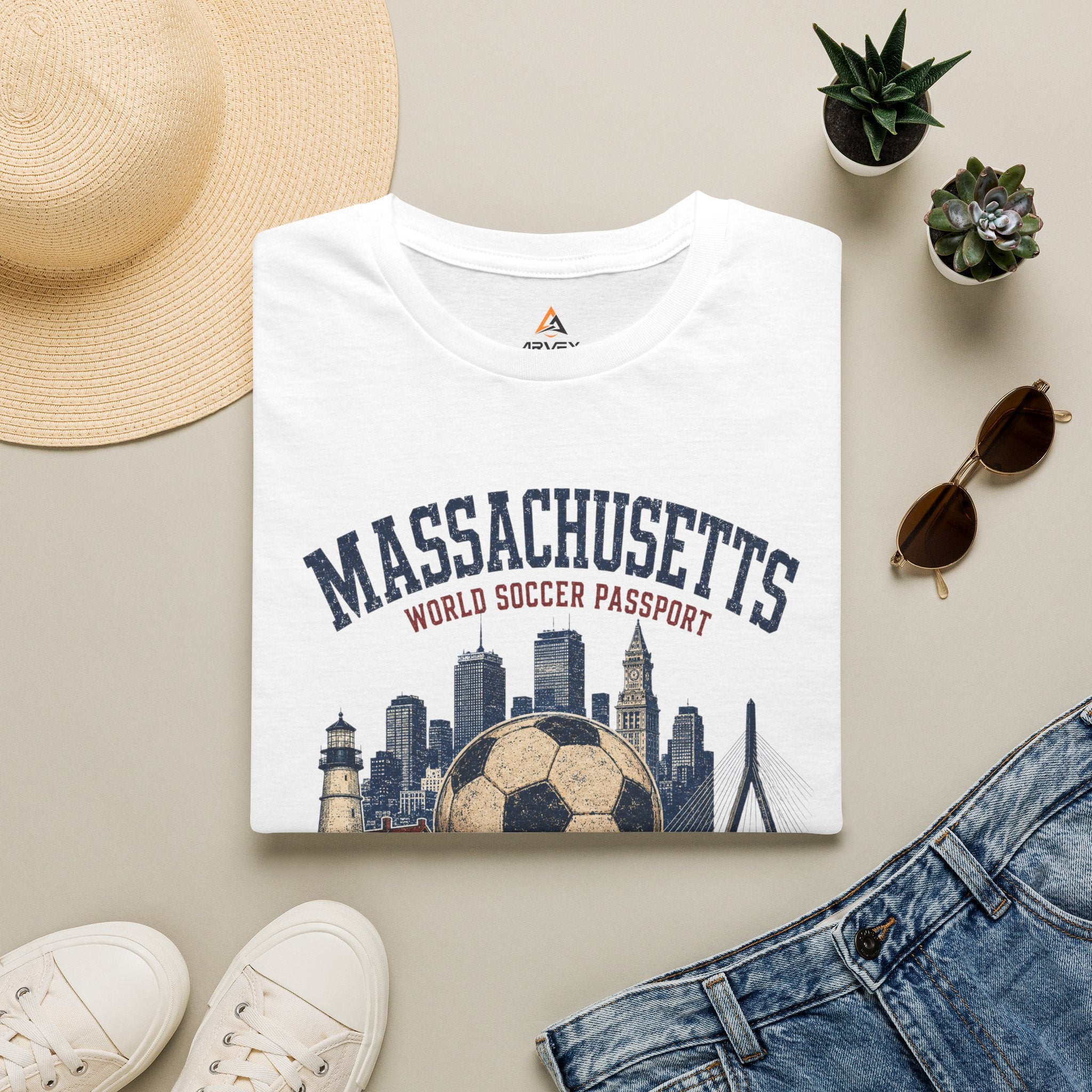 Massachusetts Soccer T-Shirt — State Skyline & Vintage Soccer Graphic