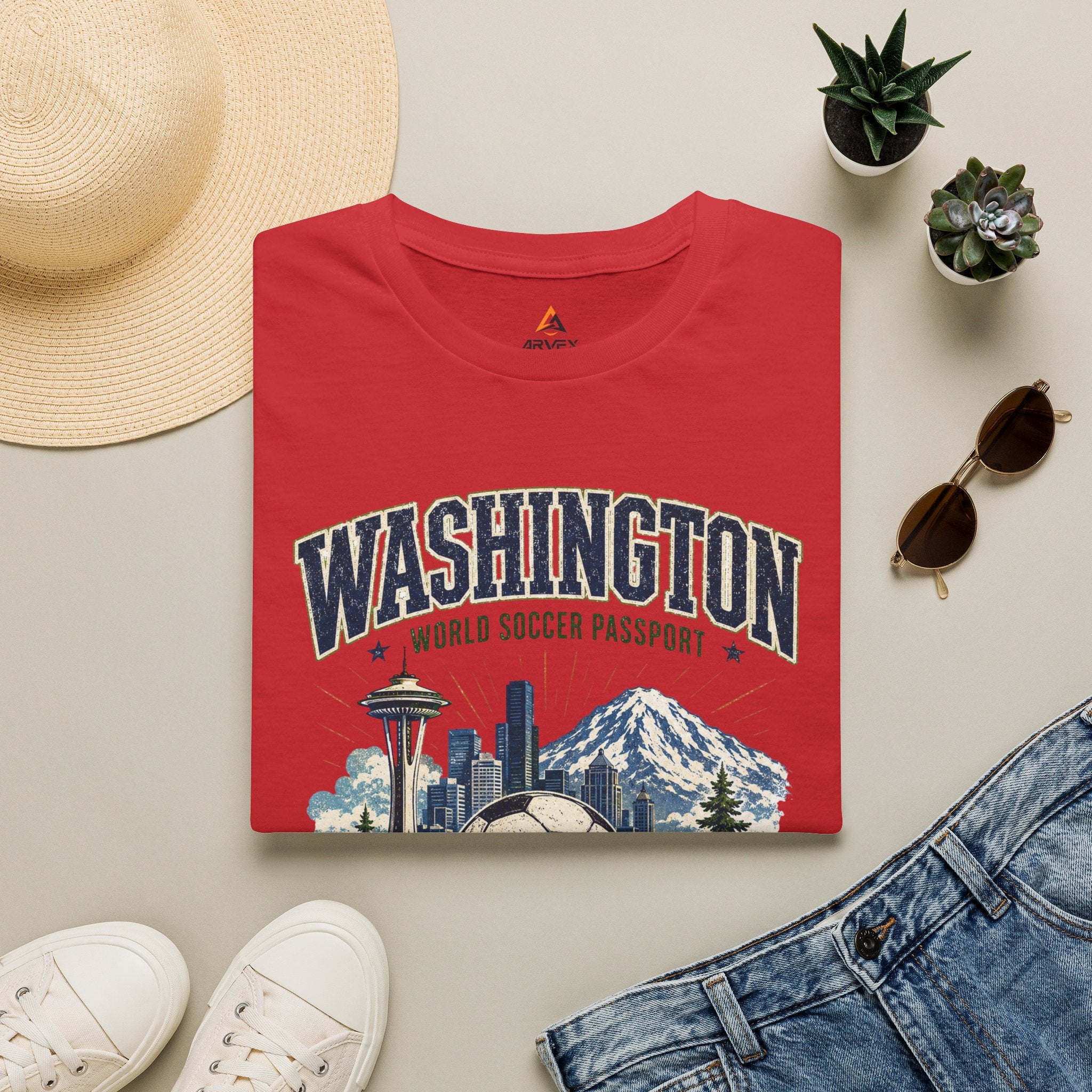 Washington Soccer Passport T-Shirt — Seattle Skyline & Mount Rainier Football Tee