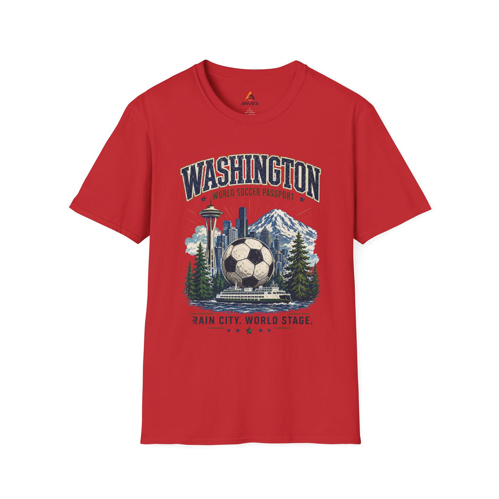 Washington Soccer Passport T-Shirt — Seattle Skyline & Mount Rainier Football Tee
