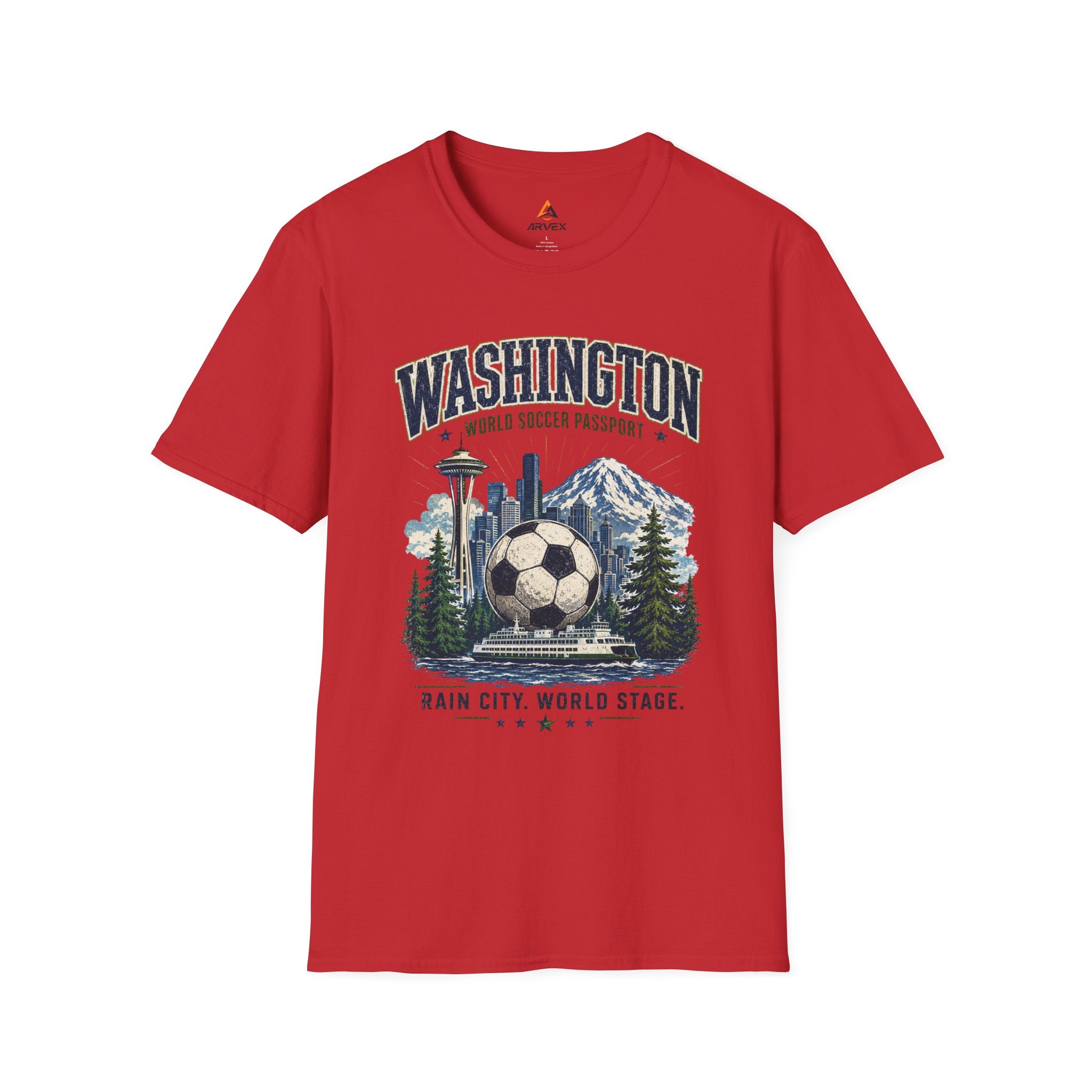 Washington Soccer Passport T-Shirt — Seattle Skyline & Mount Rainier Football Tee