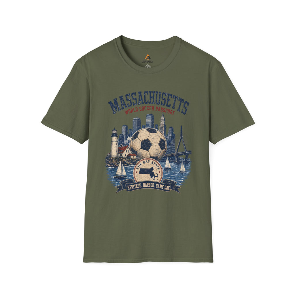 Massachusetts Soccer T-Shirt — State Skyline & Vintage Soccer Graphic