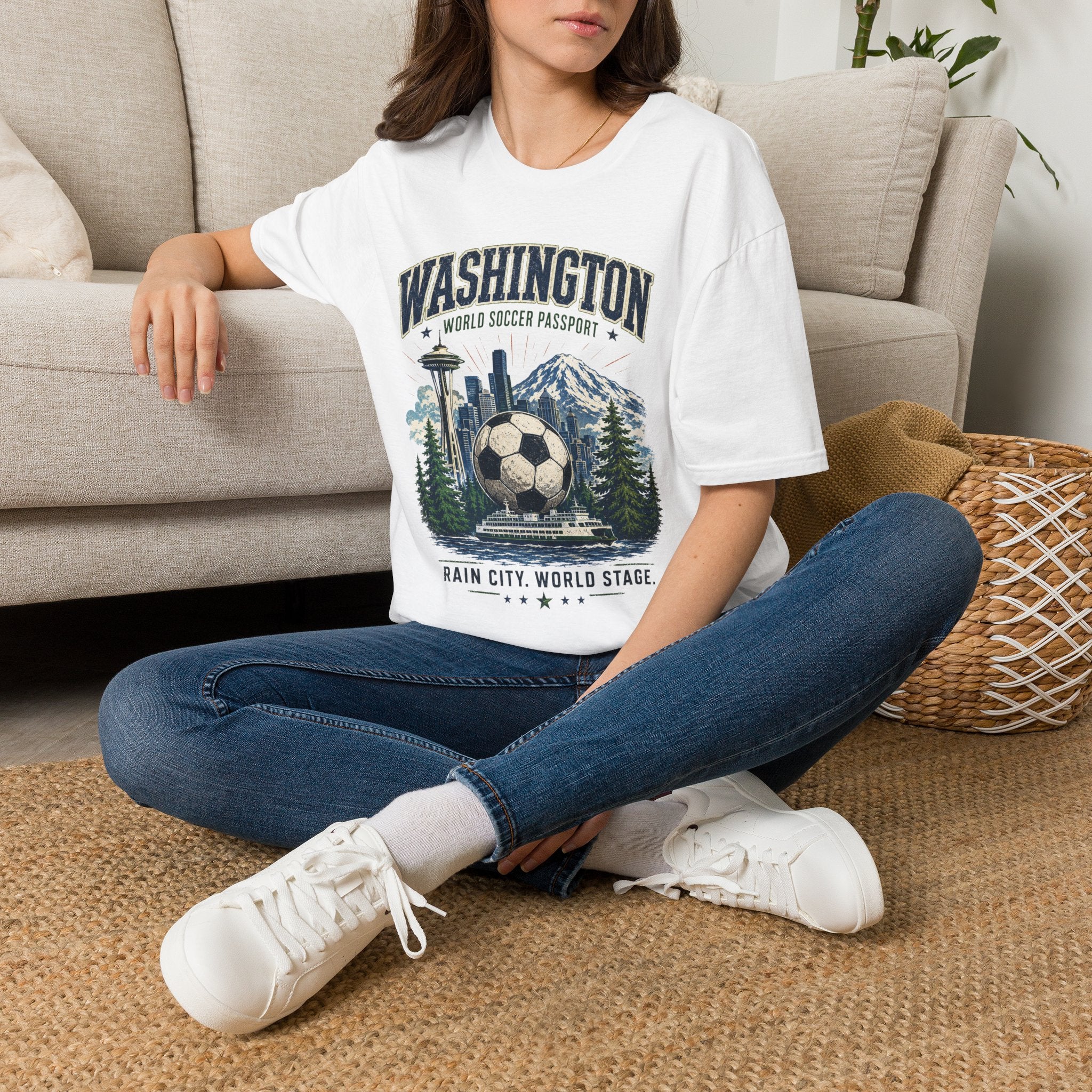 Washington Soccer Passport T-Shirt — Seattle Skyline & Mount Rainier Football Tee