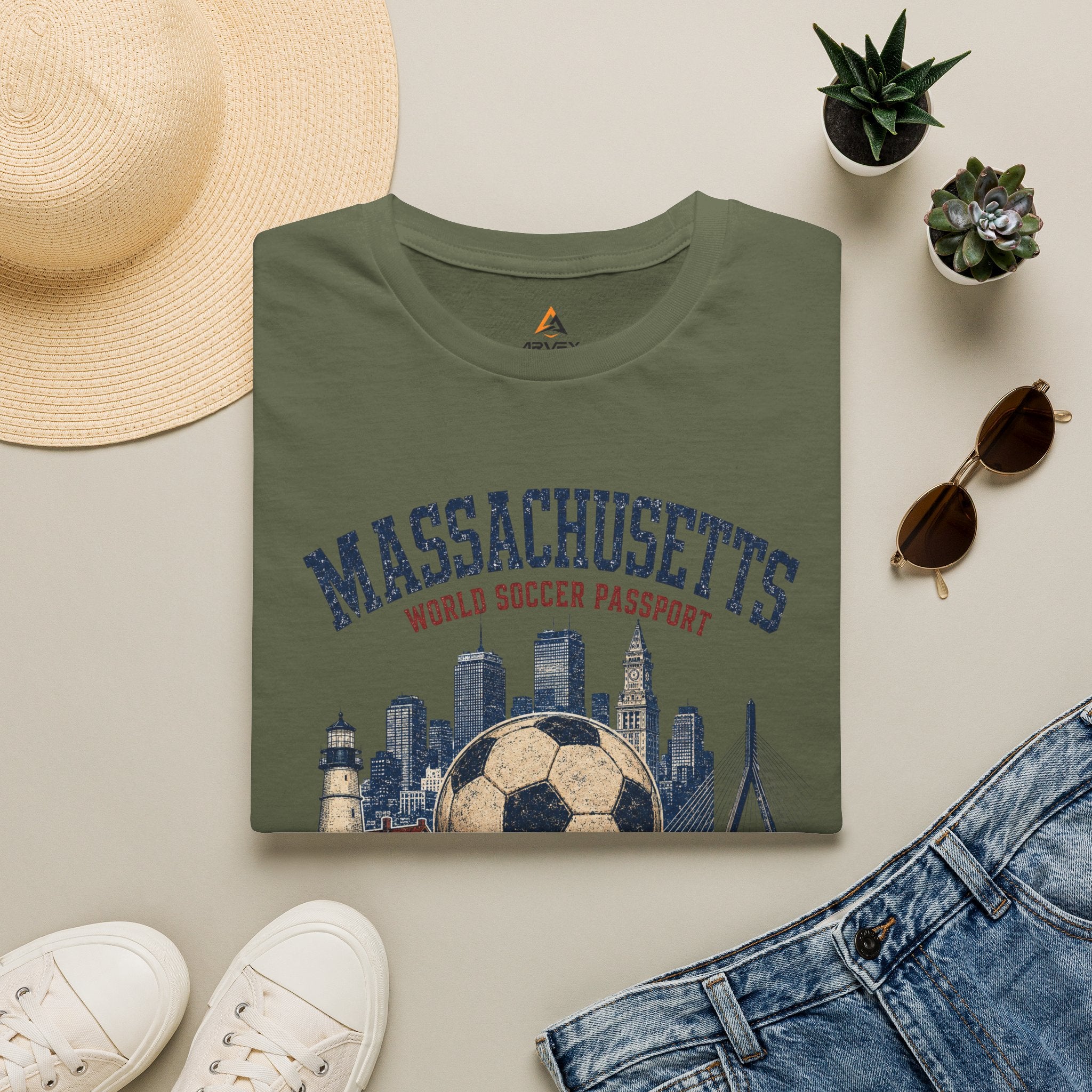 Massachusetts Soccer T-Shirt — State Skyline & Vintage Soccer Graphic
