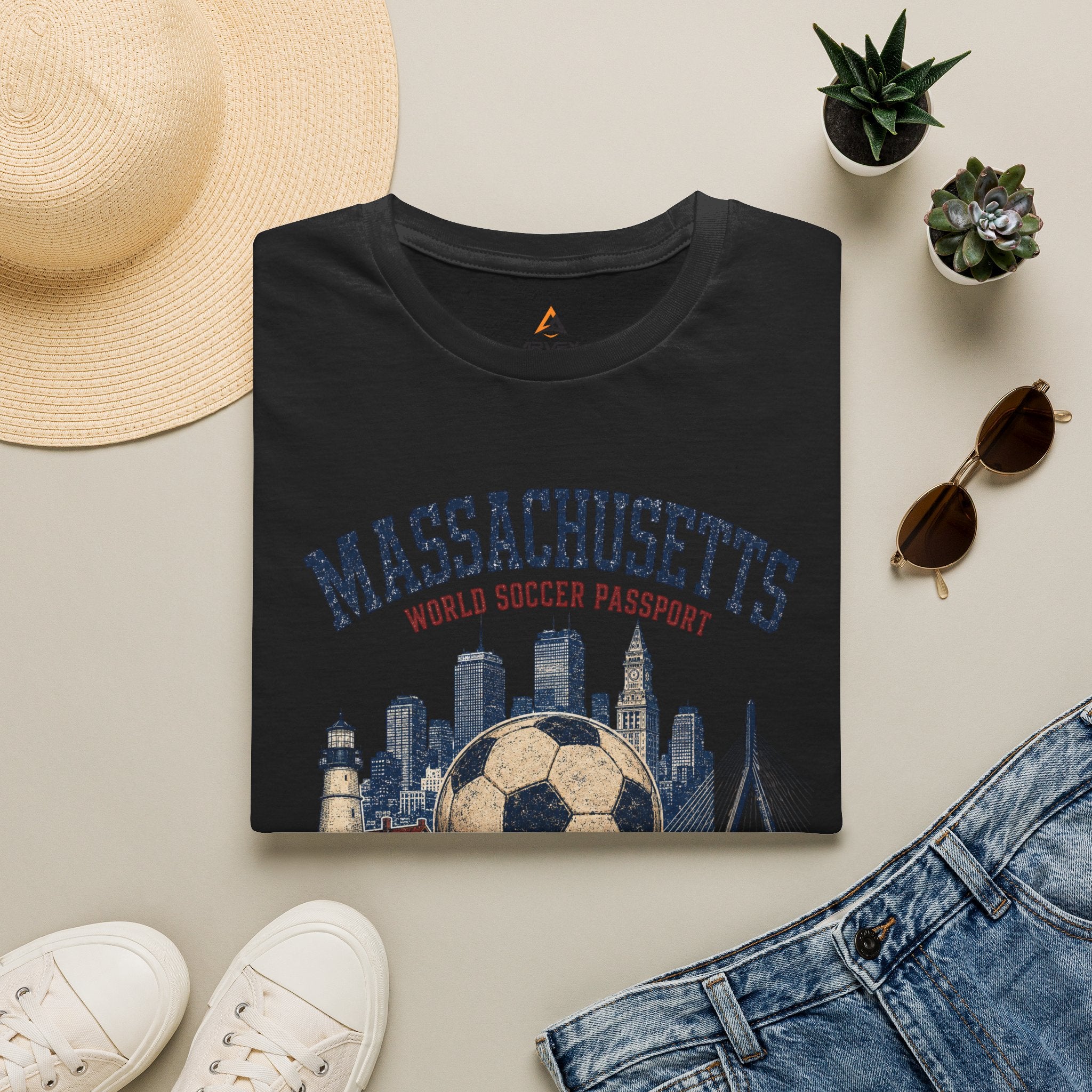 Massachusetts Soccer T-Shirt — State Skyline & Vintage Soccer Graphic
