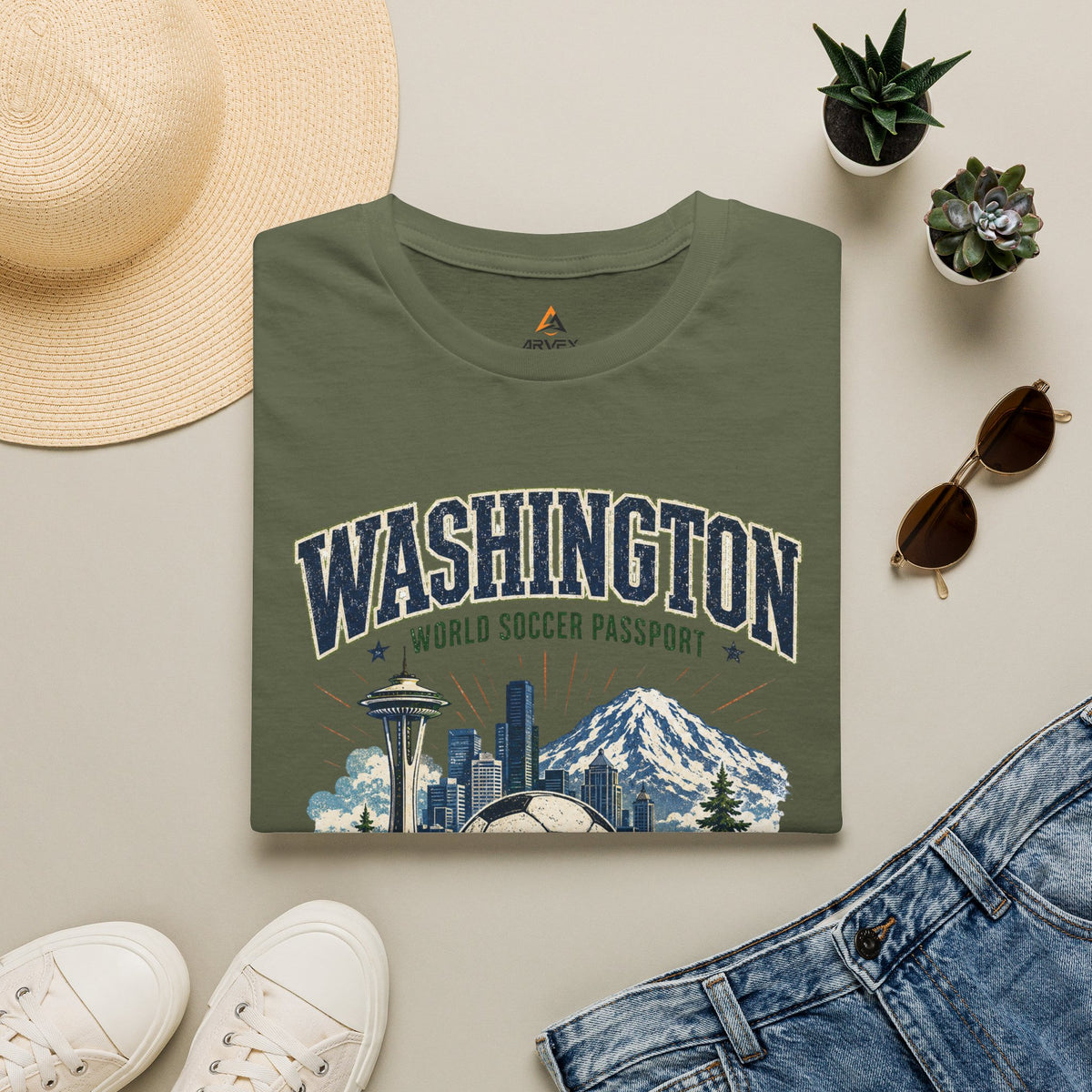 Washington Soccer Passport T-Shirt — Seattle Skyline & Mount Rainier Football Tee