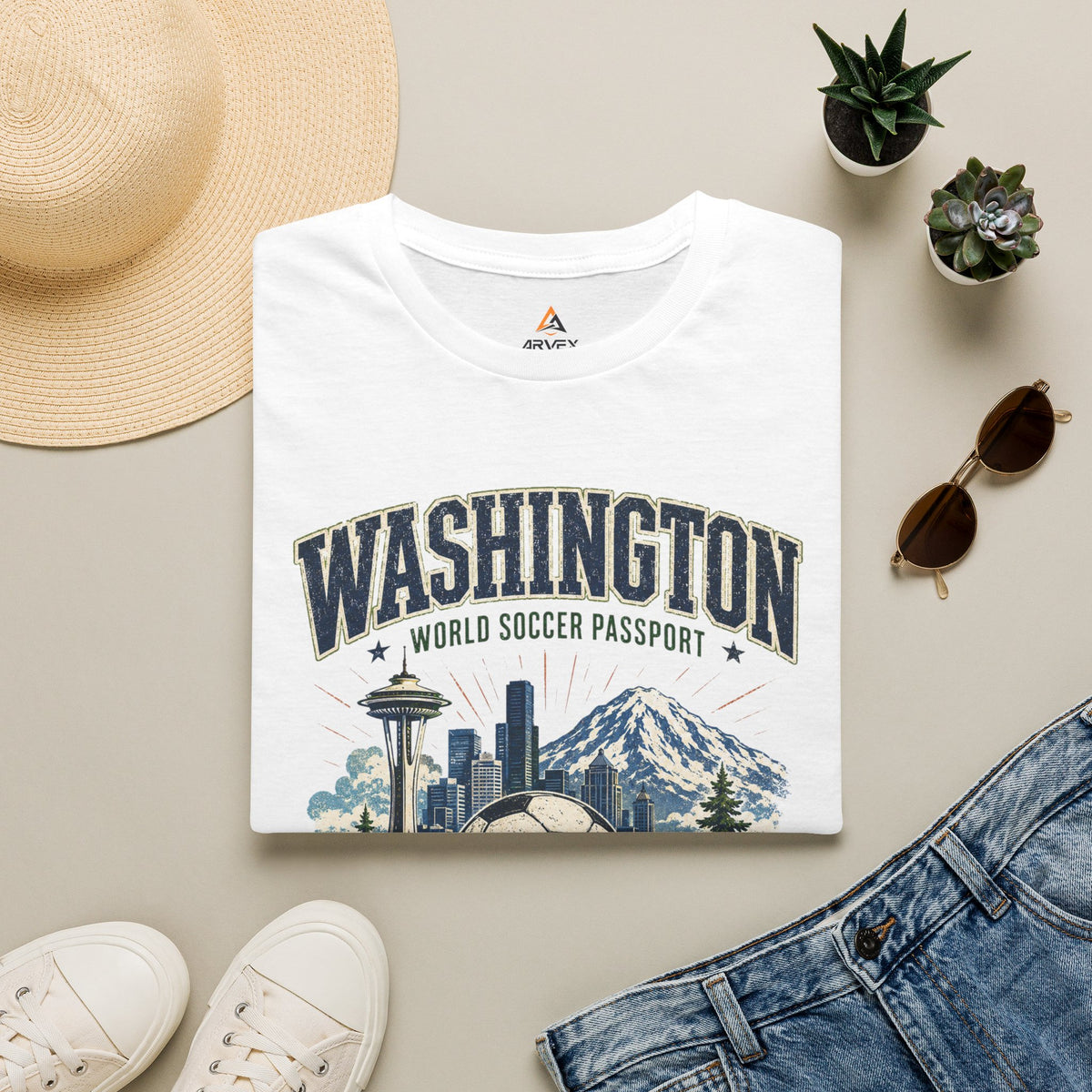 Washington Soccer Passport T-Shirt — Seattle Skyline & Mount Rainier Football Tee