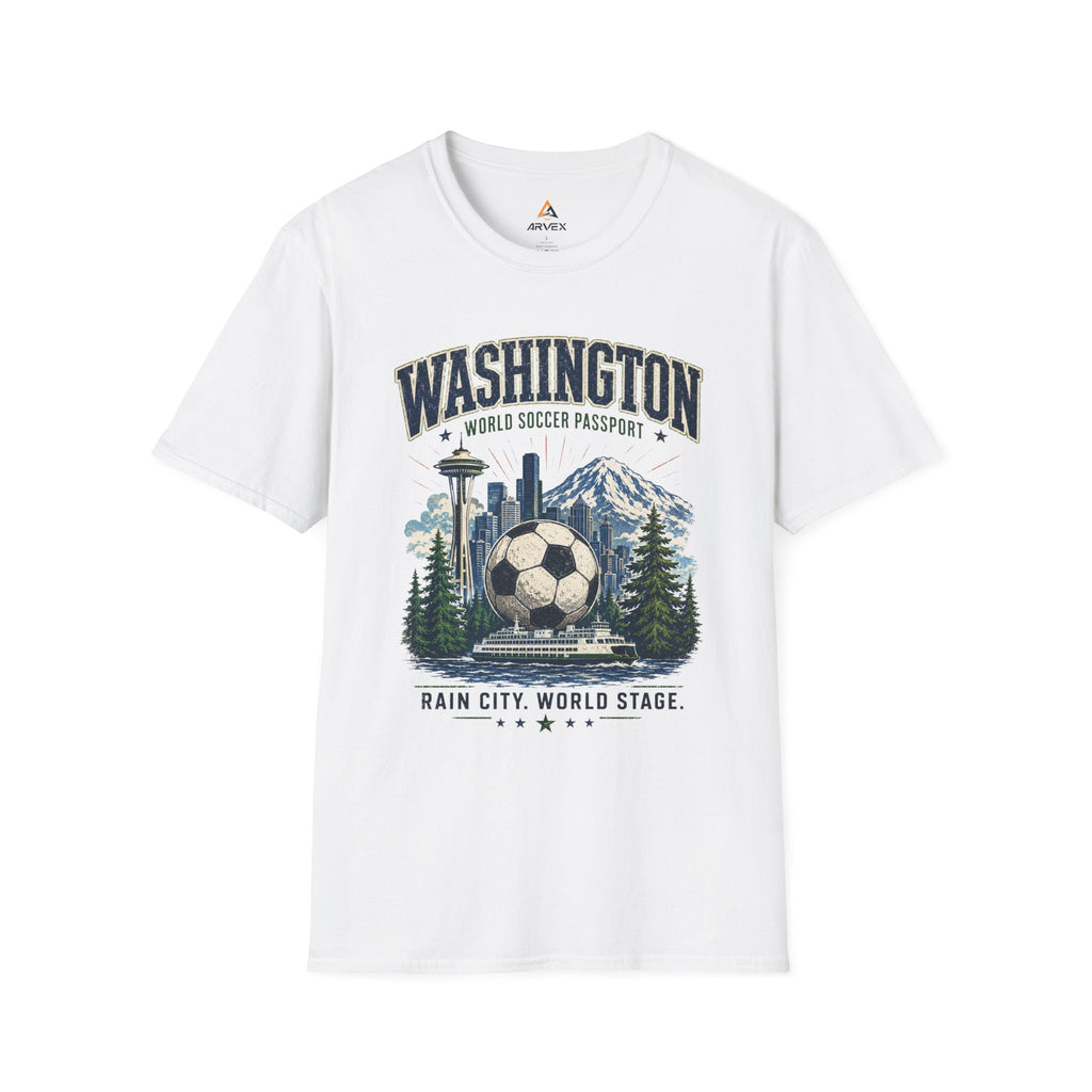 Washington Soccer Passport T-Shirt — Seattle Skyline & Mount Rainier Football Tee