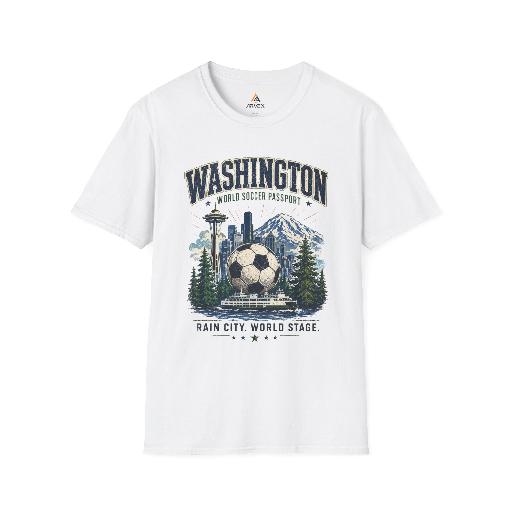 Washington Soccer Passport T-Shirt — Seattle Skyline & Mount Rainier Football Tee