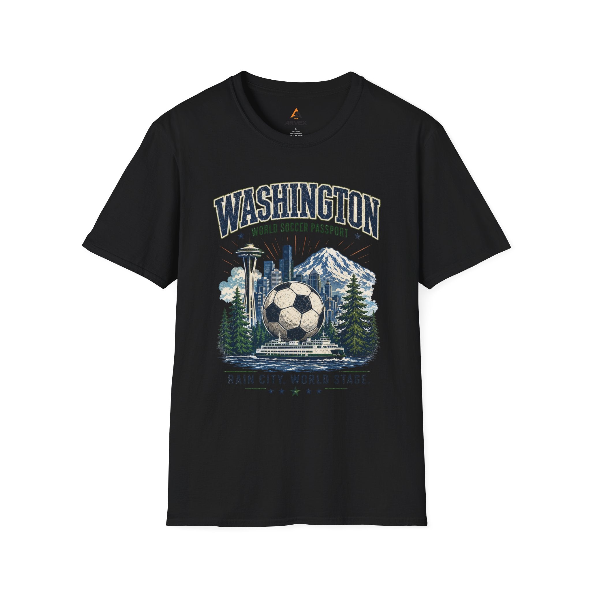 Washington Soccer Passport T-Shirt — Seattle Skyline & Mount Rainier Football Tee
