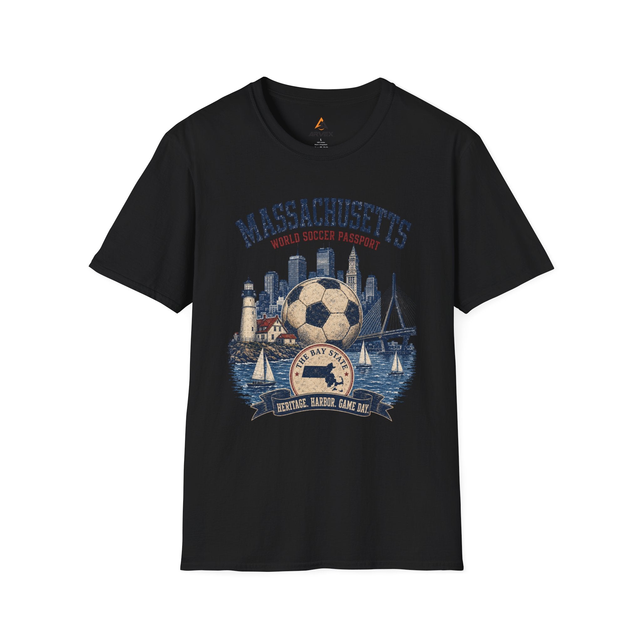 Massachusetts Soccer T-Shirt — State Skyline & Vintage Soccer Graphic
