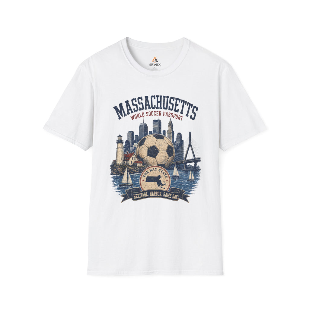 Massachusetts Soccer T-Shirt — State Skyline & Vintage Soccer Graphic