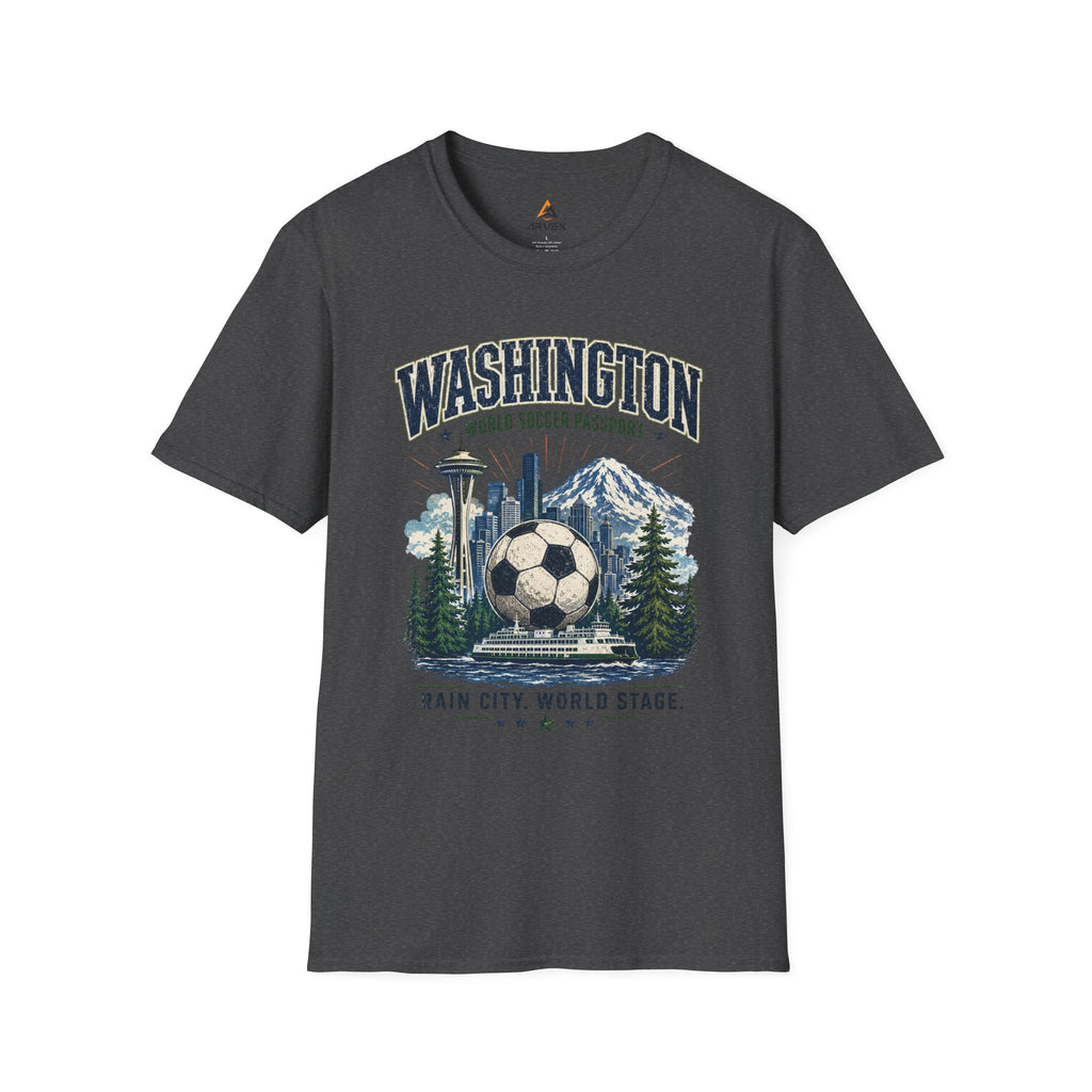 Washington Soccer Passport T-Shirt — Seattle Skyline & Mount Rainier Football Tee