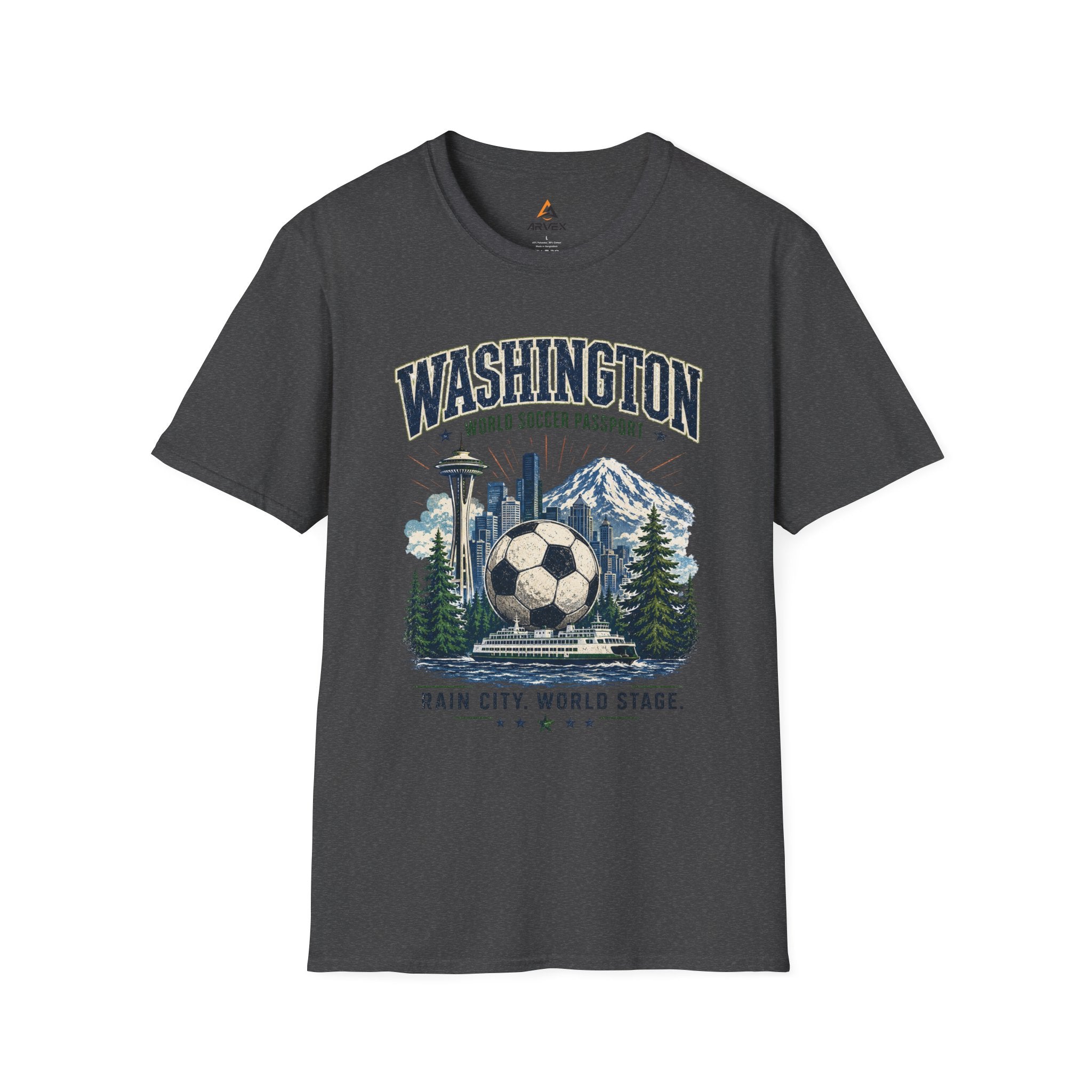 Washington Soccer Passport T-Shirt — Seattle Skyline & Mount Rainier Football Tee