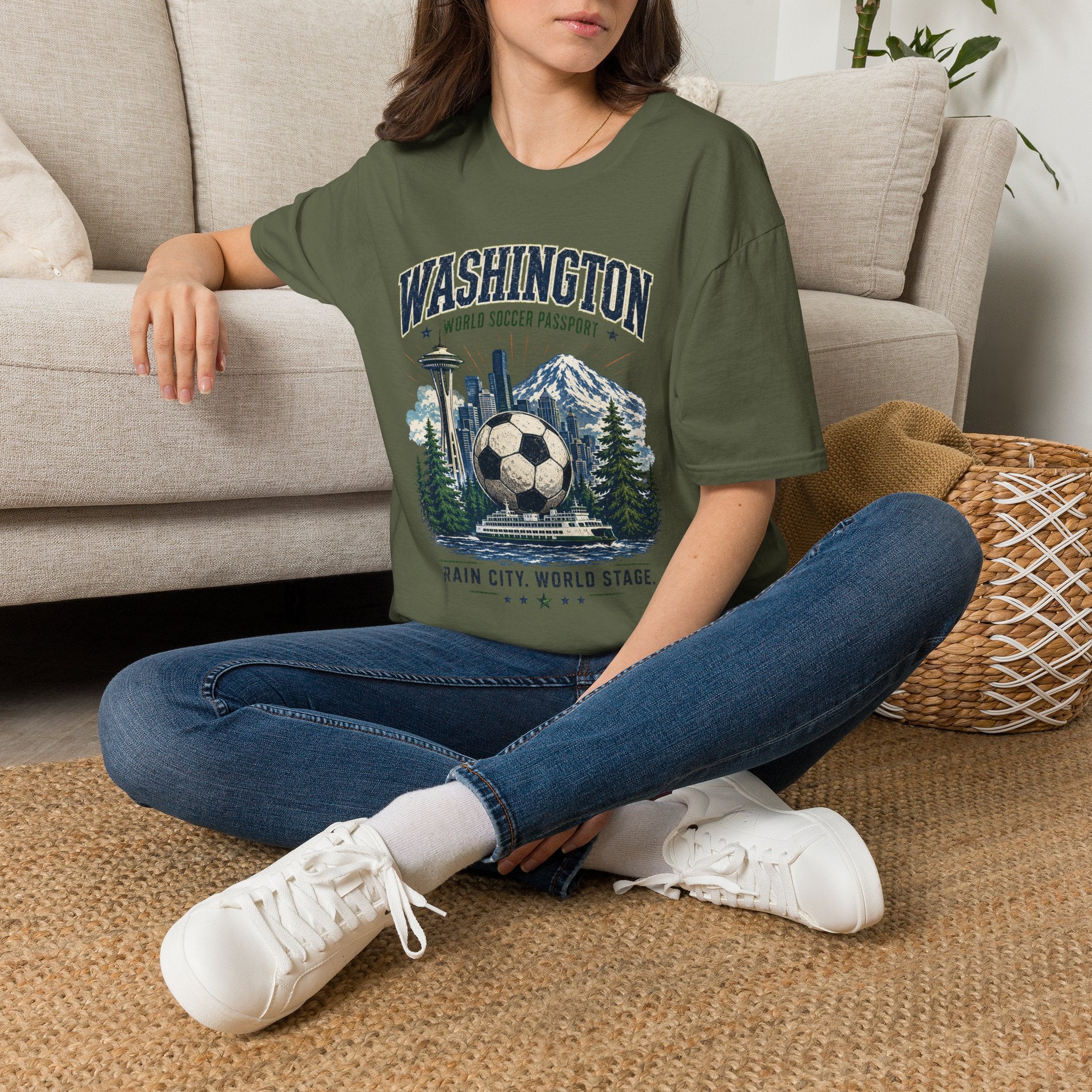Washington Soccer Passport T-Shirt — Seattle Skyline & Mount Rainier Football Tee