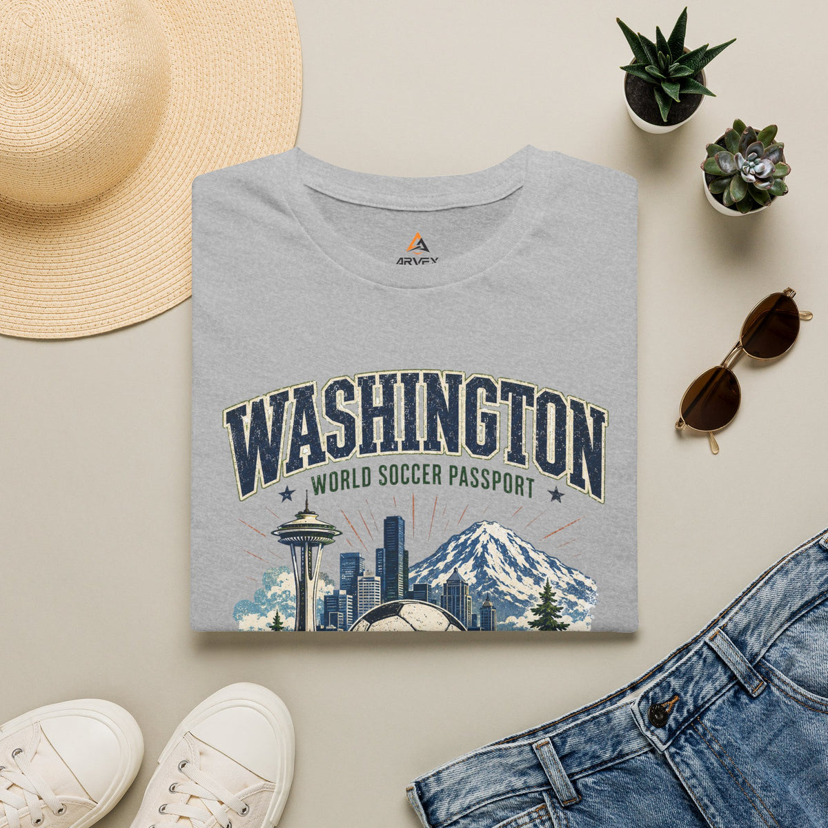 Washington Soccer Passport T-Shirt — Seattle Skyline & Mount Rainier Football Tee