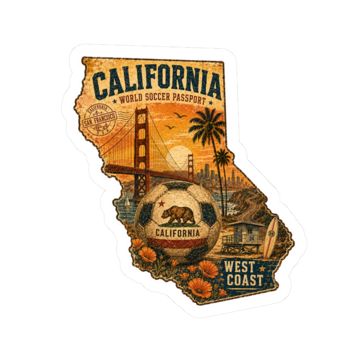 California Vintage Travel Sticker — West Coast Golden Gate Soccer Passport Kiss-Cut