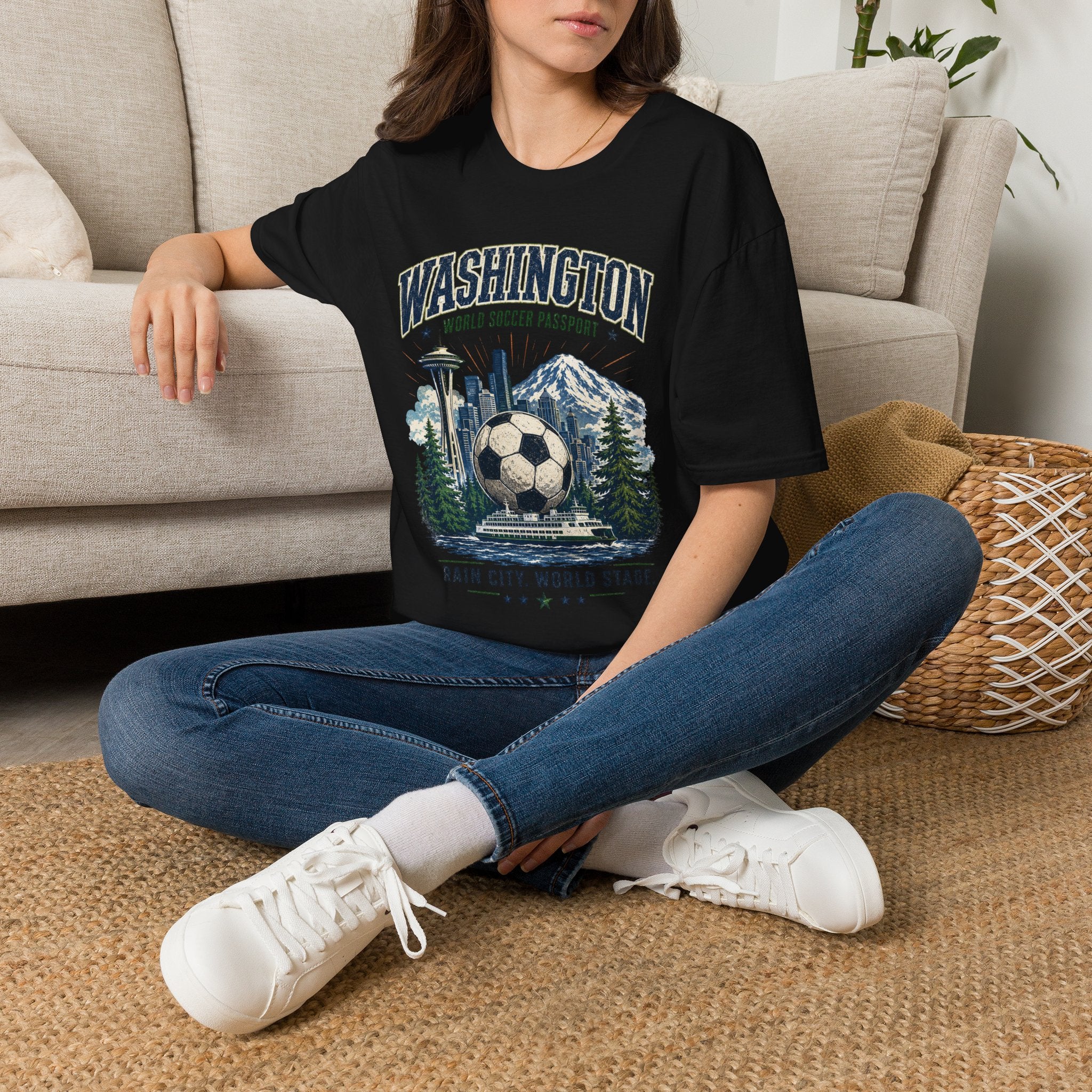 Washington Soccer Passport T-Shirt — Seattle Skyline & Mount Rainier Football Tee