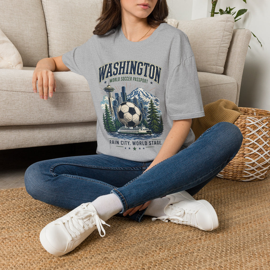 Washington Soccer Passport T-Shirt — Seattle Skyline & Mount Rainier Football Tee
